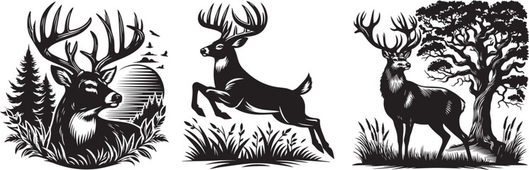 deer in full silhouette, standing by an oak tree and another leaping in stride, black vector graphic