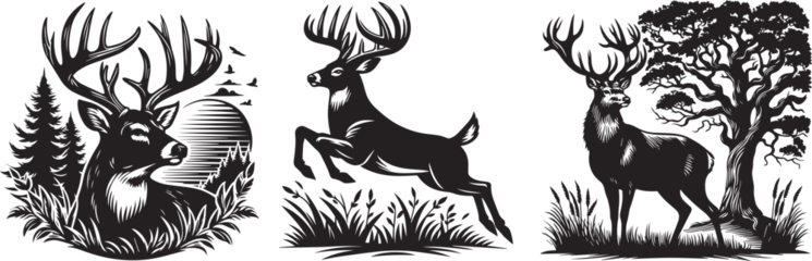 Fotobehang deer in full silhouette, standing by an oak tree and another leaping in stride, black vector graphic © Cris
