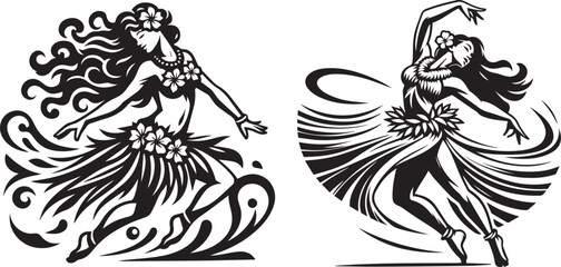 composition of three Hawaiian hula dancers, black vector graphic - obrazy, fototapety, plakaty