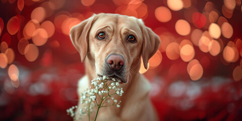 Dog holding a flower in his teeth on red background with lights. Spring greeting card or banner for Valentine's, Women's and Mother's day, birthday, wedding. Template with copy space