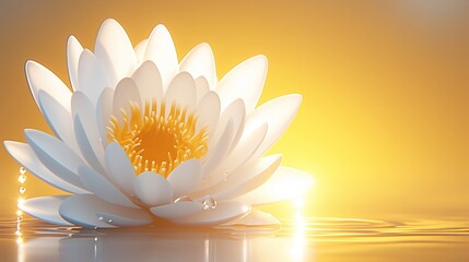 Softly glowing white lotus flower on a calm golden water