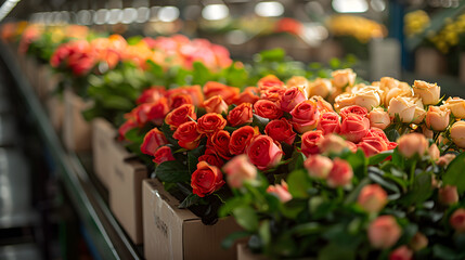 Pink and orange roses arranged in boxes at a floral wholesale warehouse. Commercial floriculture and supply chain concept. Design for wholesale florist catalog, flower import business, and floral desi
