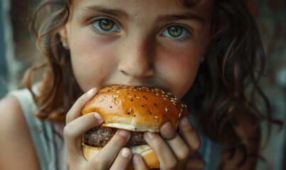 Little girl enjoying a fast food burger , her hands wrapped around the warm bun as she savors each delicious bite