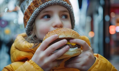 Little girl enjoying a fast food burger , her hands wrapped around the warm bun as she savors each delicious bite