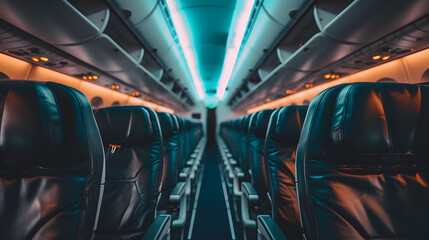 Empty airplane interior with leather seats. Travel and transport concept. Design for airline service advertisement, travel agency brochure, and aircraft seating promotion - obrazy, fototapety, plakaty