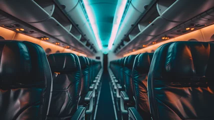 Fototapeten Empty airplane interior with leather seats. Travel and transport concept. Design for airline service advertisement, travel agency brochure, and aircraft seating promotion © Ekaterina