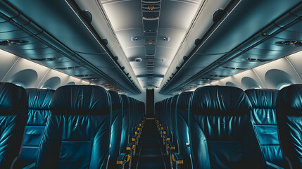 Empty airplane interior with leather seats. Travel and transport concept. Design for airline service advertisement, travel agency brochure, and aircraft seating promotion - obrazy, fototapety, plakaty