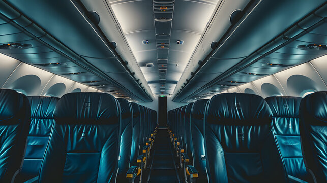 Empty airplane interior with leather seats. Travel and transport concept. Design for airline service advertisement, travel agency brochure, and aircraft seating promotion