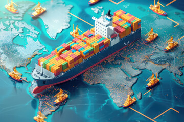 A 3D graphic of a cargo ship loaded with colorful containers navigates across a stylized map, representing global trade routes and maritime logistics. - obrazy, fototapety, plakaty