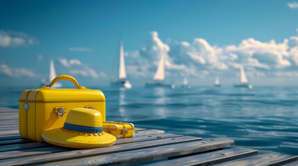 Obraz premium A yellow suitcase with a hat on top of it is sitting on a dock by the water