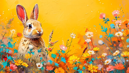 Artistic illustration of a rabbit amidst a vibrant meadow of colorful flowers