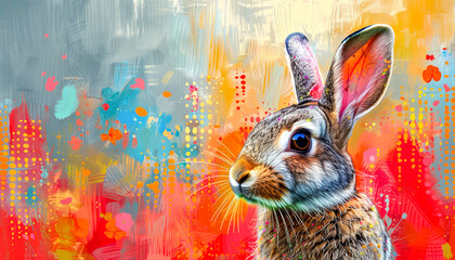 Artwork portrays a rabbit against an abstract, colorful background
