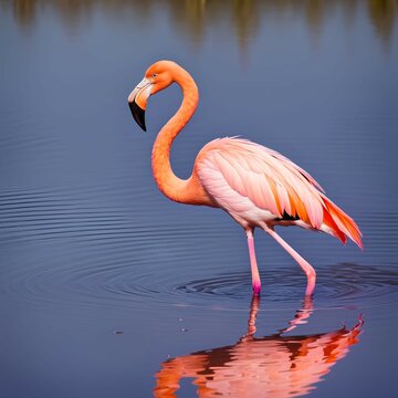 A flamingo standing in shallow water, with its long neck curved and its pink plumage reflected on the surface. The background is a purple gradient, flamant, flamenco, fenicottero, image 