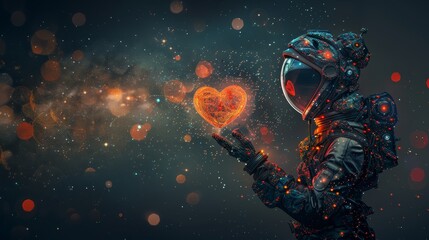Intrepid astronaut floating in space holding glowing heart with earth in the background