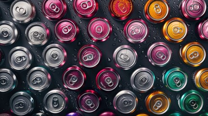 assorted aluminum soda cans in a top-down perspective, showcasing a variety of refreshing flavors.