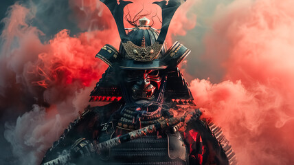 portrait of a samurai in his battle suit, close up shot of a warrior ready for war, generative AI