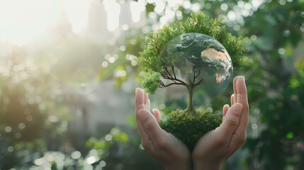 Save the world and environment concept. Close-up of human hands holding a globe with a green tree in the forest.