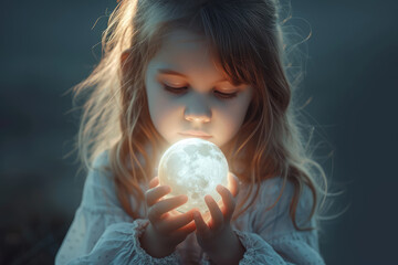 Naklejka premium A mesmerized young girl gazes intently at a radiant orb of light in her hands under the twilight.