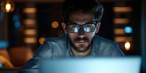 Fototapeta premium A focused man works on a laptop in a dimly lit room, the screen's glow illuminating his face.