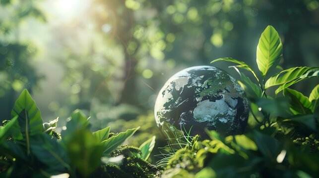 Globe in the forest. Environment conservation concept. 3D Rendering