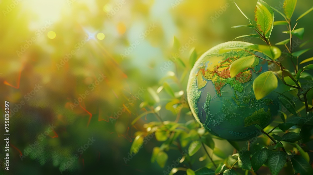 Sticker globe on the background of green leaves. earth day concept.