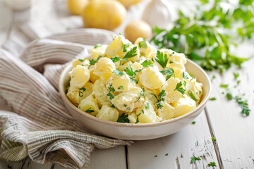 Delicious Bowl of Potato Salad on aWooden Table