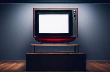 Fototapeta premium Vintage television with antenna and blank isolated over blue background. Retro old TV receiver, vintage style photo. Copy space