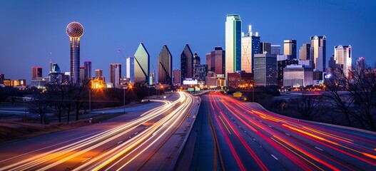 Fototapeta premium A city skyline at night with light trails from cars driving on the highway creating dynamic lines of motion and energy Generative AI