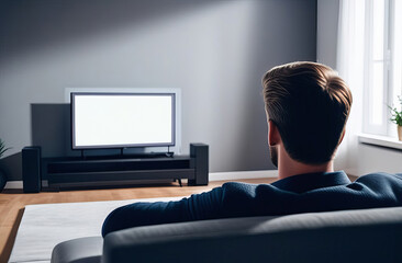 Young man watching television with blank screen sitting at sofa at home, back view. leisure, technology, mass media addiction and people concept. Copy space, empty