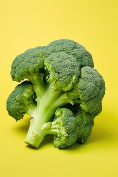 A head of broccoli sitting on a bright yellow background
