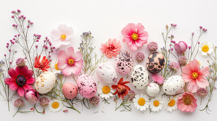 Easter composition. Colorful easter eggs and flowers isolated on pastel white background. Flat lay, top view, copy space. Easter greeting card or gift card. Spring floral concept.