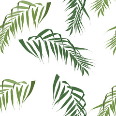 Seamless pattern with tropical leaves. Dark and bright green palm leaves on the light pink background. Vector seamless pattern. Tropical illustration. Jungle foliage. Vintage colors. - 755837319