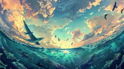 This surreal landscape imagines a world at dawn where water and sky swap places, with fish swimming amidst the clouds and birds gliding through ocean waves, a poetic inversion of the natural order. - obrazy, fototapety, plakaty