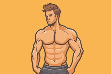 Fototapeta premium Fitness Model, Man shows abs while standing, Flat style. icon, orange background.