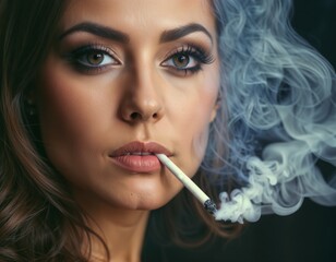 woman with heavy makeup smokes a cigarette with smoke coming out of her mouth. - obrazy, fototapety, plakaty
