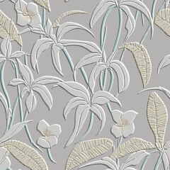 Fototapeta na wymiar 3d embossed tropical floral light seamless pattern. Textured beautiful relief background. Repeat emboss backdrop. Surface flowers, leaves. 3d line art exotic flowers ornament with embossing effect