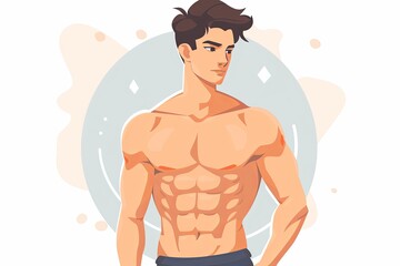 Fototapeta premium Fitness Model, Man shows abs while standing, Flat style. icon, white background.