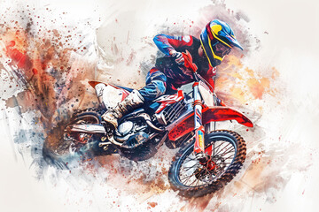 A motocross athlete in action, colorful splash watercolor