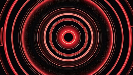 Fototapeta premium Red glowing concentric circles dominate the center of a digital art piece, embodying a minimalist and futuristic technology theme, abstract lines pulsate outward on a dark backdrop