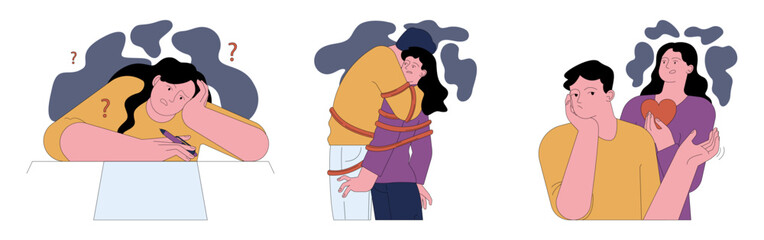 Human fears set. Scared characters confronting personal phobias. Frightened