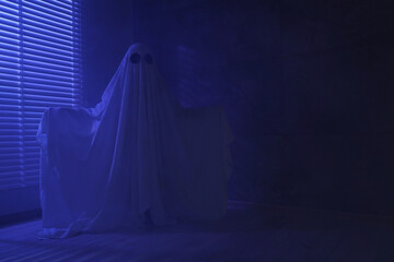 Creepy ghost. Woman covered with sheet near window in blue light, space for text