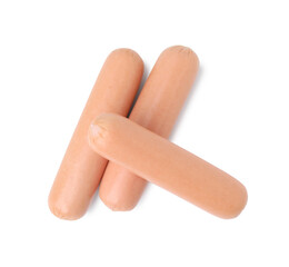 Delicious boiled sausages on white background, top view