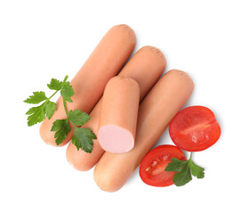 Delicious boiled sausages, tomatoes and parsley on white background, top view