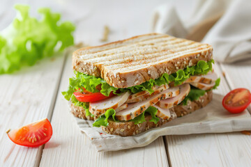 Delicious Turkey Sandwich on a Wooden Table