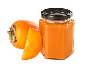Delicious persimmon jam and fresh fruits isolated on white