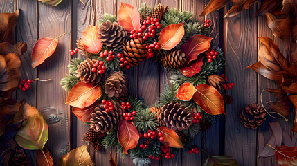 Naklejka premium A wreath made of pine cones and berries sits on a wooden table