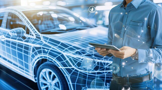 Auto engineer next to a holographic model of a car. Innovative technologies in the development of car design. Imagining the cars of the future with a holographic model.