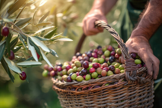 A farmer's hand delicately holds a wicker basket full of colorful, freshly picked olives under an olive tree.