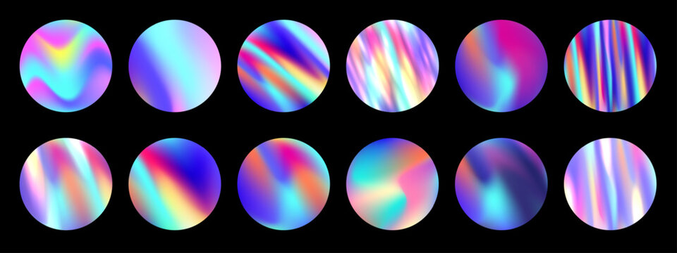 Iridescent holographic circles. Round iridescent fluid color gradients, holo gradient mesh backgrounds vector set