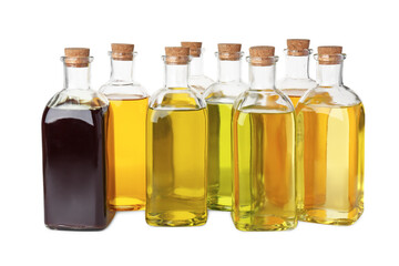 Vegetable fats. Bottles of different cooking oils isolated on white